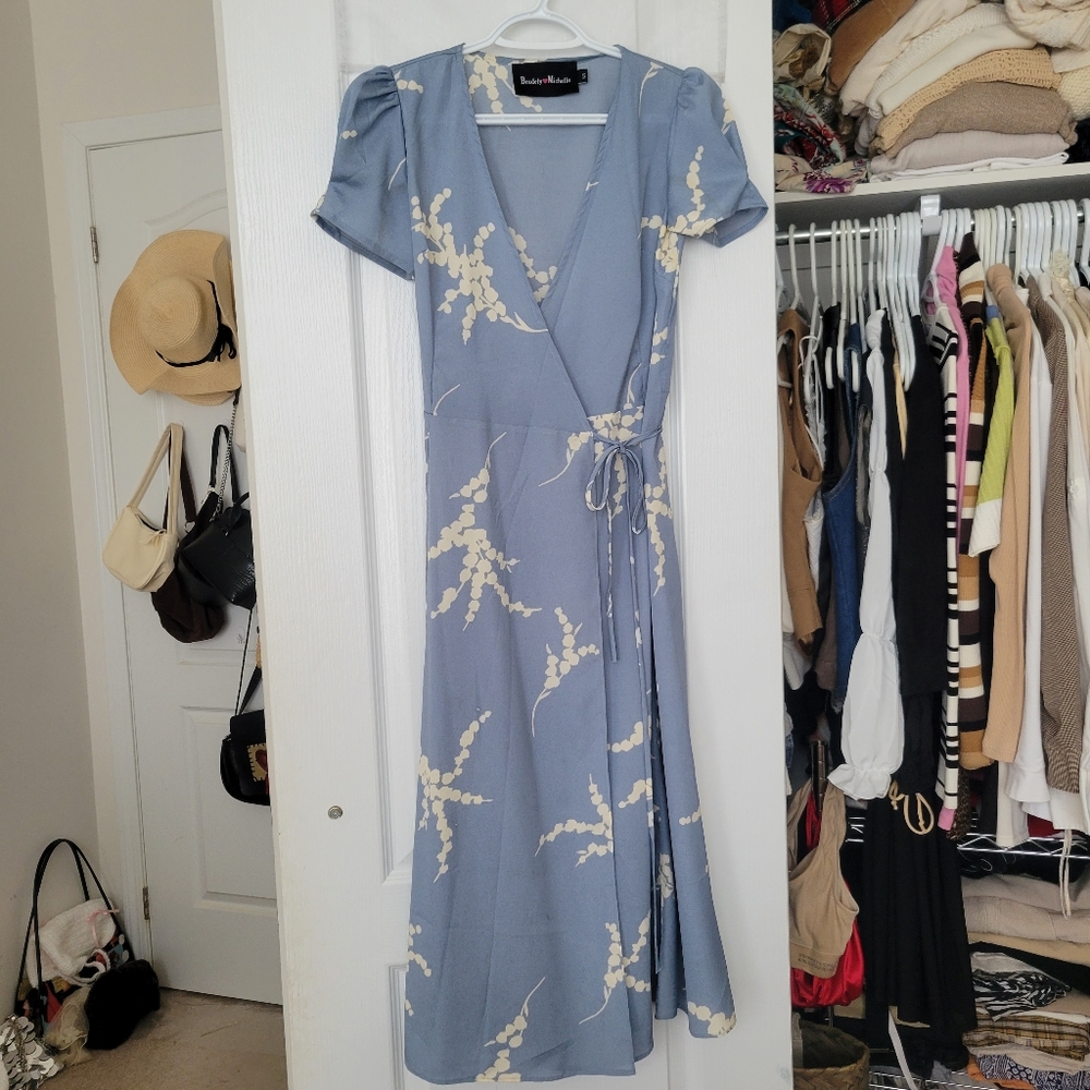Beautiful light blue summer wrap maxi / midi dress